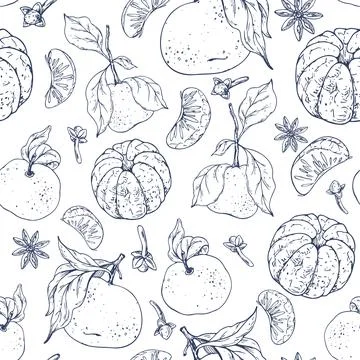 A hand-drawn line art seamless pattern with tangerines, cloves, and star anise Stock Illustration