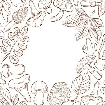Hand drawn line art style edible and inedible mushroom and leaf border. Autumn Stock Illustration