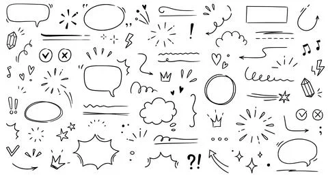 Hand drawn line highlight, speech bubble, brush underline. Text emphasis, star Stock Illustration