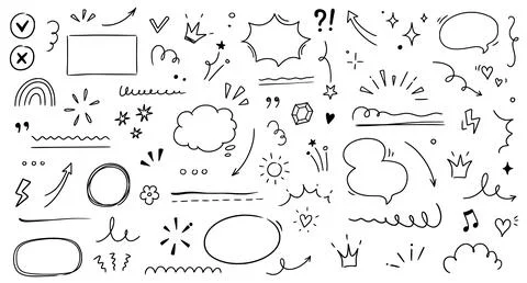 Hand drawn line highlight, speech bubble, brush underline. Text emphasis, star Stock Illustration