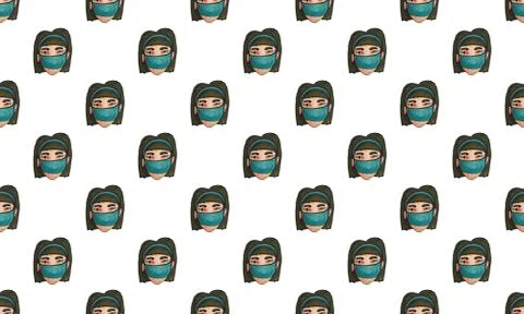 Hand drawn line image of people wearing medical masks protecting themselves f Stock Illustration