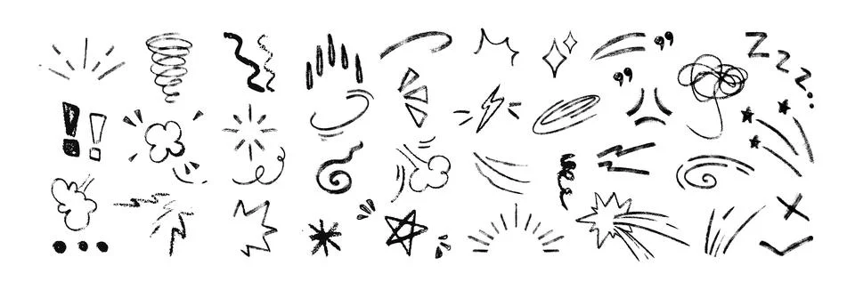 Hand drawn line movement elements, chalk doodle anime manga expression icons Stock Illustration