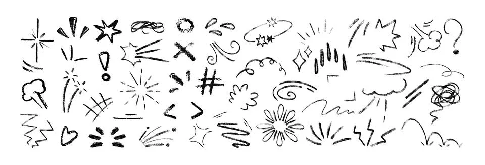 Hand drawn line movement elements, chalk doodle anime manga expression icons Stock Illustration
