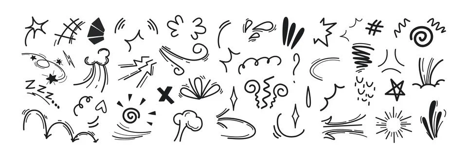 Hand drawn line movement elements, doodle comic anime emotive symbols, manga Stock Illustration