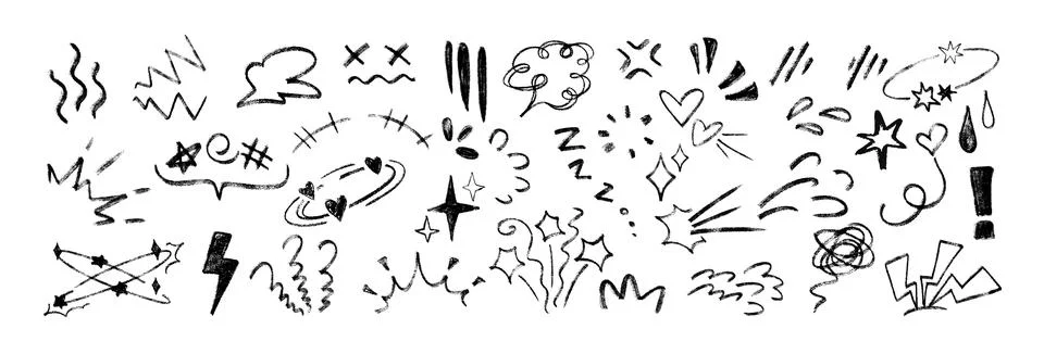 Hand drawn line movement elements, doodle chalk pencil anime manga expression Stock Illustration