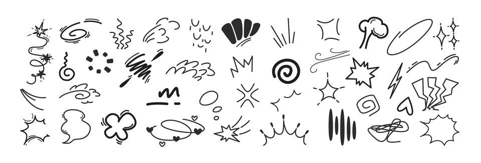 Hand drawn line movement elements, doodle japanese manga expression symbols Stock Illustration