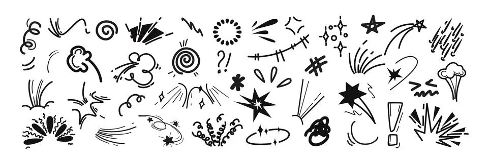 Hand drawn line movement elements, doodle black marker anime manga expression Stock Illustration