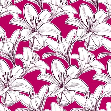 Hand drawn line vector lily pattern pink Stock Illustration