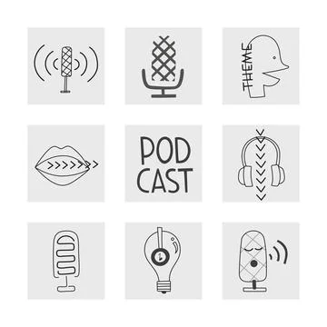 Hand drawn line vector set of illustrations for podcasts cover. Trendy minimal Stock Illustration