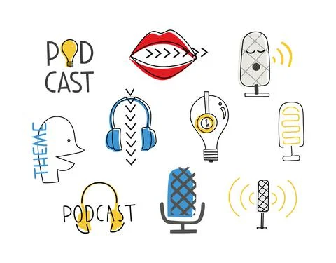 Hand drawn line vector set of illustrations for podcast. Trendy minimal template Stock Illustration