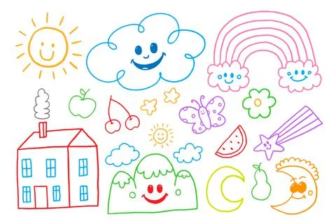 Hand Drawn Linear Cute Design Set Stock Illustration