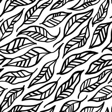 Hand drawn linear leaves vector seamless pattern. Stock Illustration