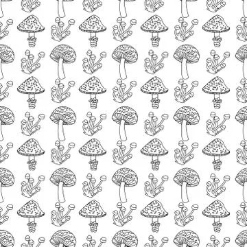 Hand drawn linear mushroom seamless pattern. mushroom vegetable illustration. Stock Illustration
