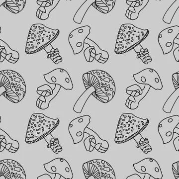 Hand drawn linear mushroom seamless pattern. mushroom vegetable illustration. Stock Illustration