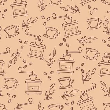 Hand drawn linear pattern with coffee supplies 스톡 일러스트
