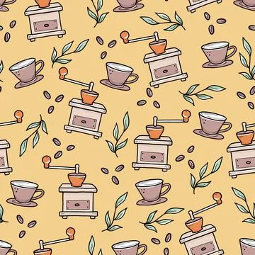 Hand drawn linear pattern with coffee supplies Stock Illustration