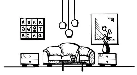 Hand drawn. Linear sketch of an interior. Room plan. Stock Illustration