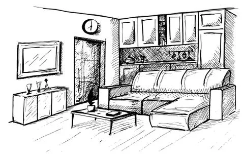 Hand drawn. Linear sketch of an interior. Room plan. Vector illustration. Stock Illustration