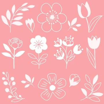 Hand drawn linear spring flowers set silhouettes on pink background Stock Illustration