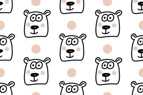 Hand drawn lines cartoon bear. Doodle seamless pattern for kids isolated on w Stock Illustration