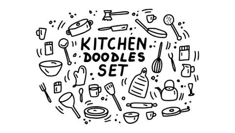 Hand drawn lines kitchen cooking tools and appliances, kitchenware, utensil c Stock Illustration