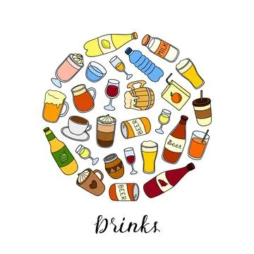 Hand drawn liquid drinks in circle. Stock-Illustration
