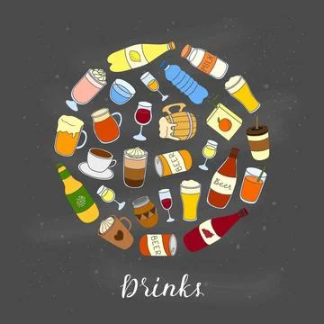 Hand drawn liquid drinks in circle. Stock Illustration