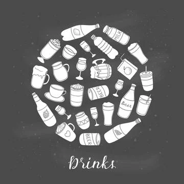 Hand drawn liquid drinks in circle. Stock Illustration