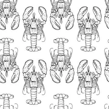 Hand Drawn Lobster Pattern in Black and White Stock Illustration
