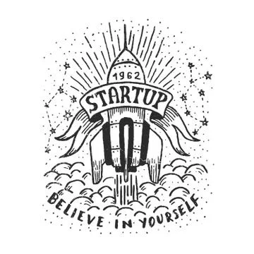 Hand-drawn logo with a flying rocket Stock-Illustration