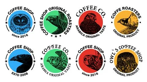 Hand drawn logo or emblem ideas for your coffee shop or branding. Birds in Stock Illustration