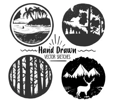 Hand Drawn logo set. Trendy collection of outdoor company, camping, adventure Stock Illustration