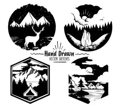 Hand Drawn logo set. Trendy collection of outdoor company, camping, adventure Stock Illustration