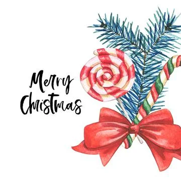 Hand drawn lollipops, red bow and blue fir-tree branch. Stock Illustration