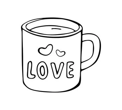 Hand Drawn Love Coffee Mug With Hearts and Text in Minimal Line Style Stock Illustration