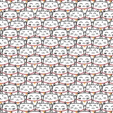 Hand Drawn Lucky Cat Vector Pattern. Doodle art. Stock Illustration