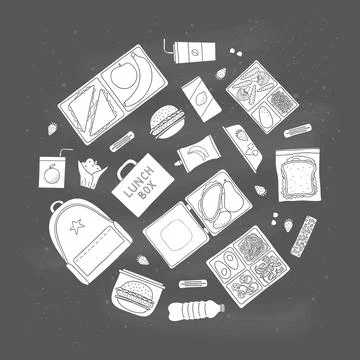 Hand drawn lunch boxes in circle. Stock Illustration