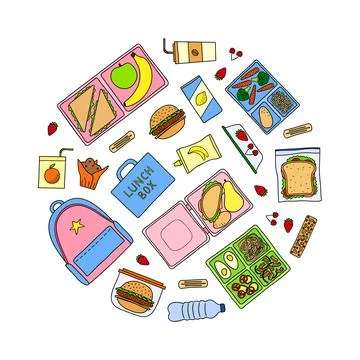 Hand drawn lunch boxes in circle. Stock Illustration