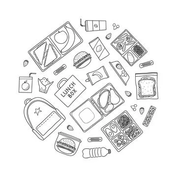 Hand drawn lunch boxes in circle. Stock Illustration