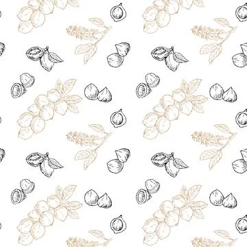 Hand drawn Macadamia black and golden seamless background Stock Illustration