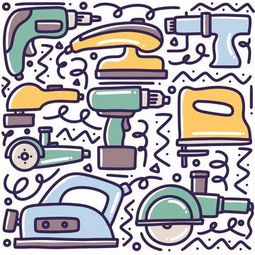 Hand drawn machine equipment doodle set Stock Illustration