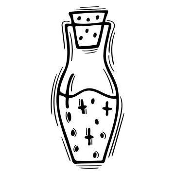 Hand drawn magic bottle with love potion. Doodle alchemist bottle with pois.. Stock Illustration