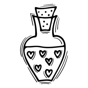 Hand drawn magic bottle with love potion. Doodle alchemist bottle with elix.. Stock Illustration