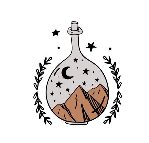 Hand drawn magic bottle for witchcraft, magical boho illustration, vase with  Stock Illustration