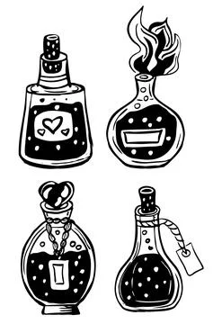 Hand drawn magic bottles isolated on white. Stock Illustration
