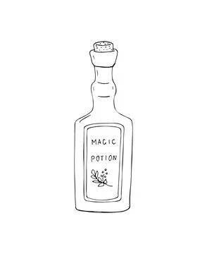Hand-drawn Magic Potion bottle.  Magic elixir bottle. Illustration of the m.. Stock Illustration