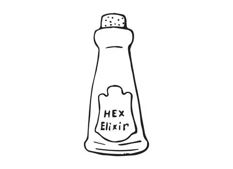 Hand Drawn Magic Potion Bottle with Hex Elixir Label Line Art Doodle Illust.. Stock Illustration