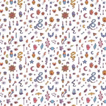 Hand drawn magical seamless pattern. Doodle boho style. Halloween. Witchcra.. Stock Illustration