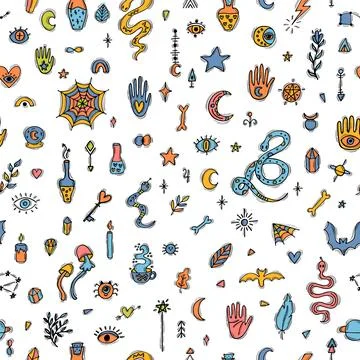 Hand drawn magical seamless pattern. Doodle boho style. Mystical esoteric b.. Stock Illustration