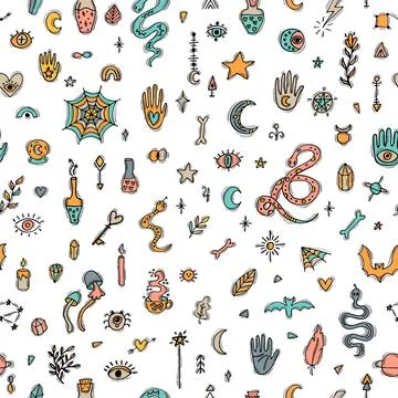 Hand drawn magical seamless pattern. Doodle boho style. Witchcraft print. H.. Stock Illustration